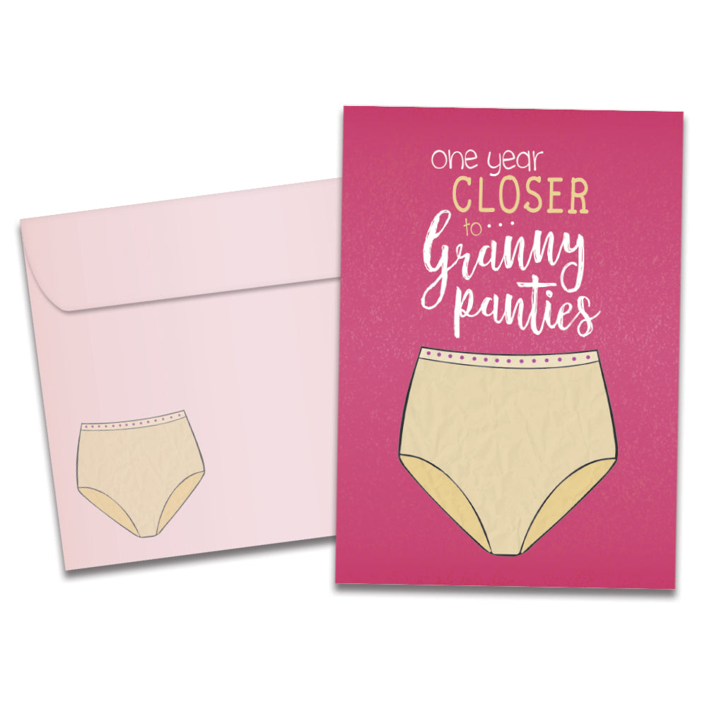 The cover of Tree-Free's Granny Panties card, along with its matching envelope.