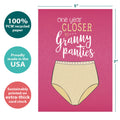 Load image into Gallery viewer, The cover of Tree-Free’s Granny Panties card with lines demonstrating its 5x7 dimensions, along with the following text: “100% PCW recycled paper, proudly made in the USA, sustainably printed on extra-thick card stock”
