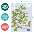 Load image into Gallery viewer, The cover of Tree-Free’s Strawberry Plant card with lines demonstrating its 5x7 dimensions, along with the following text: “100% PCW recycled paper, proudly made in the USA, sustainably printed on extra-thick card stock”
