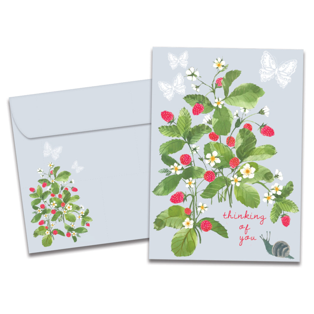 The cover of Tree-Free's Strawberry Plant card, along with its matching envelope.