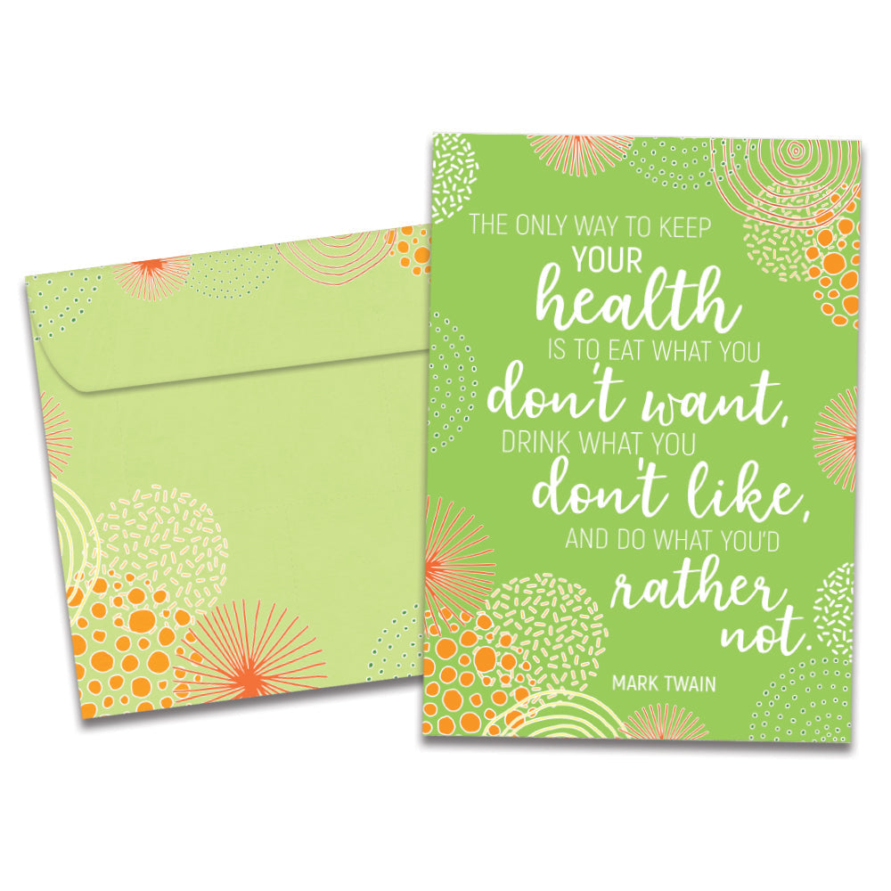 The cover of Tree-Free's Mark Twain Health Birthday Card card, along with its matching envelope.