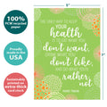 Load image into Gallery viewer, The cover of Tree-Free’s Mark Twain Health Birthday Card card with lines demonstrating its 5x7 dimensions, along with the following text: “100% PCW recycled paper, proudly made in the USA, sustainably printed on extra-thick card stock”
