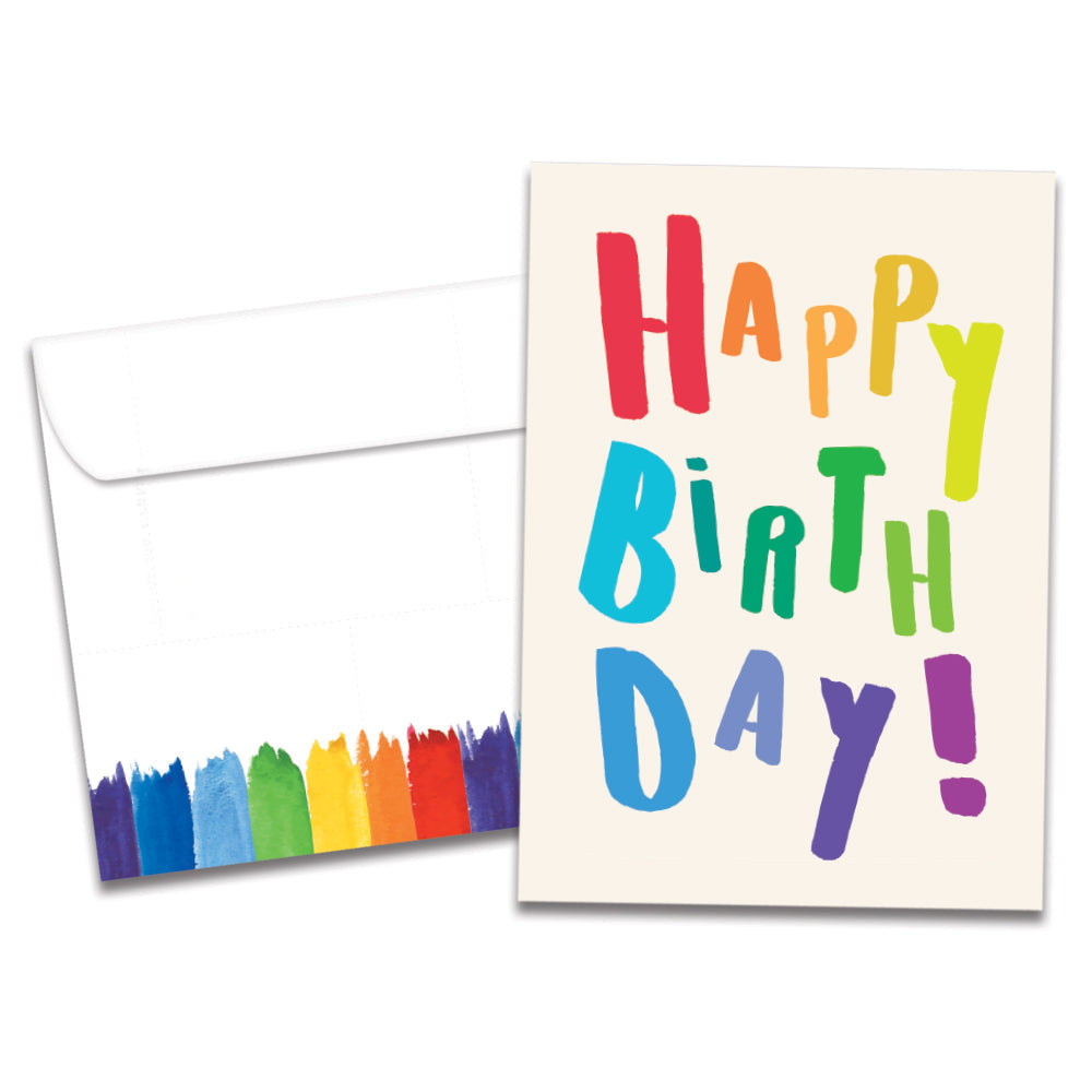 The cover of Tree-Free's Birthday Rainbow card, along with its matching envelope.