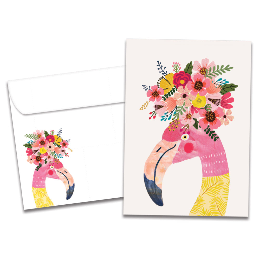 The cover of Tree-Free's Fabulous Flamingo card, along with its matching envelope.