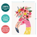 Load image into Gallery viewer, The cover of Tree-Free’s Fabulous Flamingo card with lines demonstrating its 5x7 dimensions, along with the following text: “100% PCW recycled paper, proudly made in the USA, sustainably printed on extra-thick card stock”
