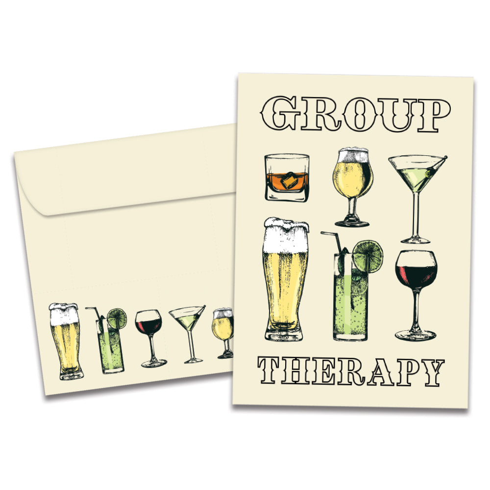 The cover of Tree-Free's Group Therapy Birthday Card card, along with its matching envelope.