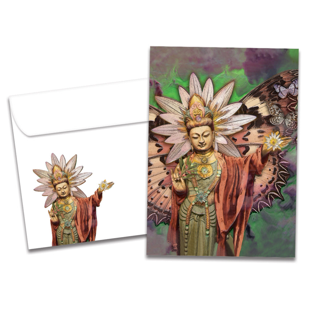 The cover of Tree-Free's Butterfly Buddha card, along with its matching envelope.