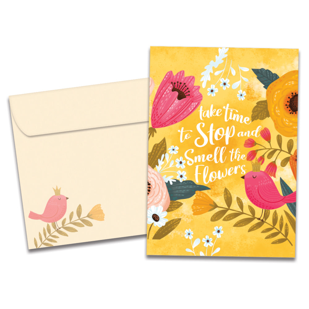 The cover of Tree-Free's Smell The Flowers card, along with its matching envelope.