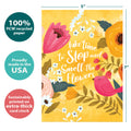 Load image into Gallery viewer, The cover of Tree-Free’s Smell The Flowers card with lines demonstrating its 5x7 dimensions, along with the following text: “100% PCW recycled paper, proudly made in the USA, sustainably printed on extra-thick card stock”
