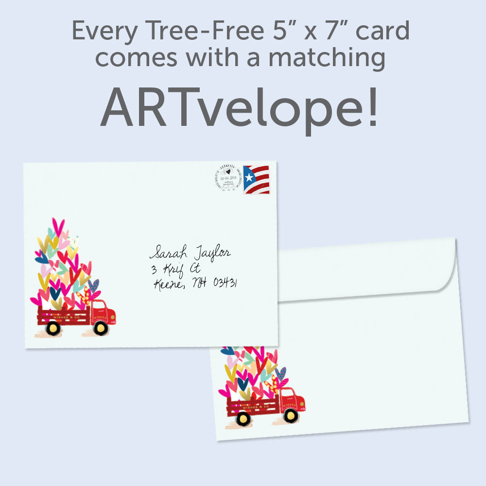 The envelope for Tree-Free’s Special Delivery card, along with the following text: “Every Tree-Free 5x7 card comes with a matching ARTvelope!”