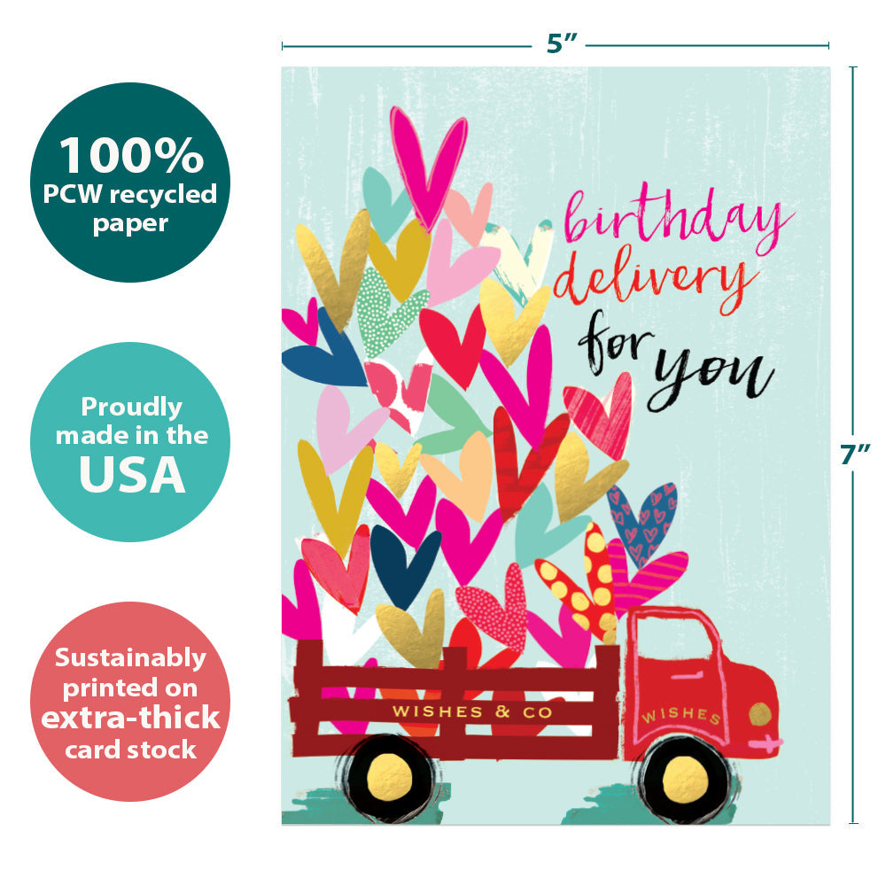 The cover of Tree-Free’s Special Delivery card with lines demonstrating its 5x7 dimensions, along with the following text: “100% PCW recycled paper, proudly made in the USA, sustainably printed on extra-thick card stock”