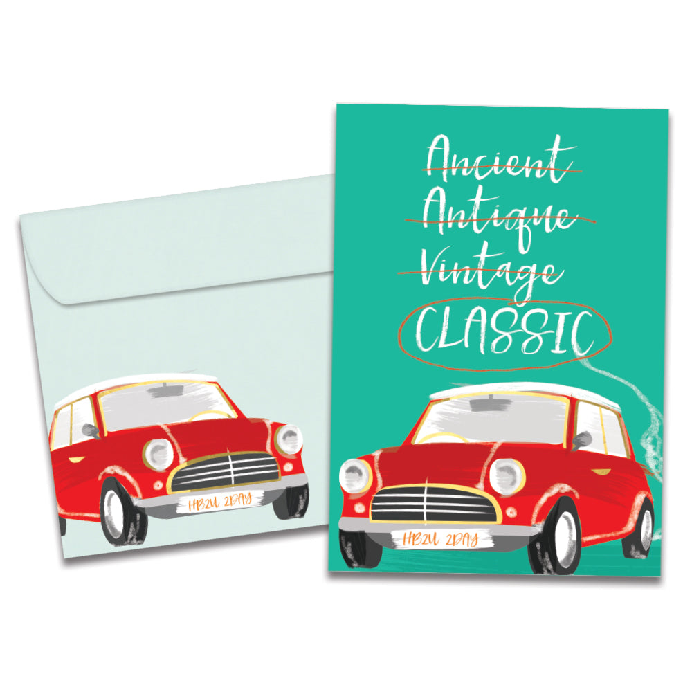 The cover of Tree-Free's Classic Car card, along with its matching envelope.