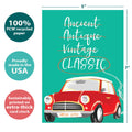 Load image into Gallery viewer, The cover of Tree-Free’s Classic Car card with lines demonstrating its 5x7 dimensions, along with the following text: “100% PCW recycled paper, proudly made in the USA, sustainably printed on extra-thick card stock”
