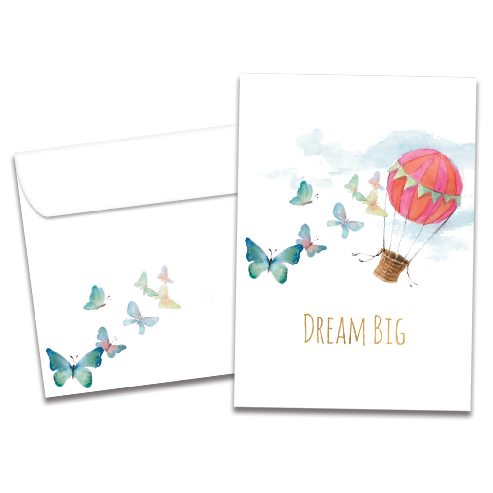 The cover of Tree-Free's Dream Big Balloons card, along with its matching envelope.