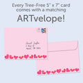 Load image into Gallery viewer, The envelope for Tree-Free’s Layers of Hearts card, along with the following text: “Every Tree-Free 5x7 card comes with a matching ARTvelope!”
