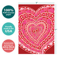 Load image into Gallery viewer, The cover of Tree-Free’s Layers of Hearts card with lines demonstrating its 5x7 dimensions, along with the following text: “100% PCW recycled paper, proudly made in the USA, sustainably printed on extra-thick card stock”
