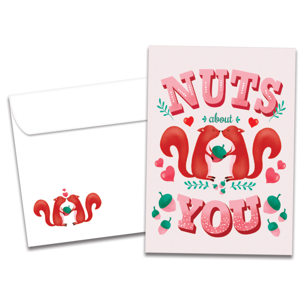 The cover of Tree-Free's Nuts About You Valentine's Day Card card, along with its matching envelope.