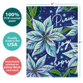 Load image into Gallery viewer, The cover of Tree-Free’s Sparkling Pointsettia card with lines demonstrating its 5x7 dimensions, along with the following text: “100% PCW recycled paper, proudly made in the USA, sustainably printed on extra-thick card stock”
