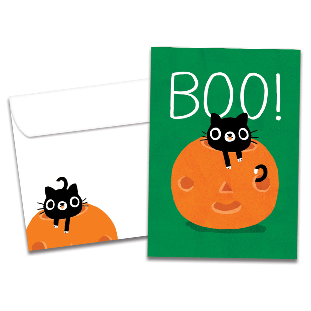 The cover of Tree-Free's Boo Cat card, along with its matching envelope.