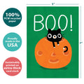 Load image into Gallery viewer, The cover of Tree-Free’s Boo Cat card with lines demonstrating its 5x7 dimensions, along with the following text: “100% PCW recycled paper, proudly made in the USA, sustainably printed on extra-thick card stock”
