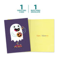 Load image into Gallery viewer, The cover and inside of Tree-Free’s Ghost With Candy Halloween Card card, along with the following text: “1 greeting card, 1 matching envelope”
