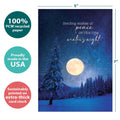 Load image into Gallery viewer, The cover of Tree-Free’s Peace In Winters Night card with lines demonstrating its 5x7 dimensions, along with the following text: “100% PCW recycled paper, proudly made in the USA, sustainably printed on extra-thick card stock”
