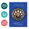 Load image into Gallery viewer, The cover of Tree-Free’s New Year Mandala card with lines demonstrating its 5x7 dimensions, along with the following text: “100% PCW recycled paper, proudly made in the USA, sustainably printed on extra-thick card stock”
