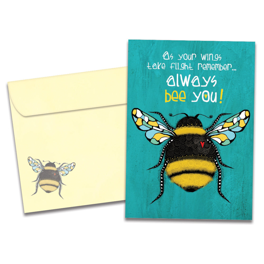 The cover of Tree-Free's Bee You card, along with its matching envelope.