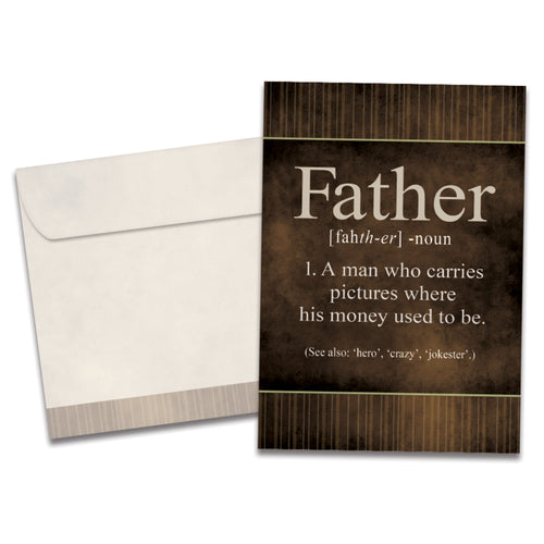 The cover of Tree-Free's Father Definition card, along with its matching envelope.