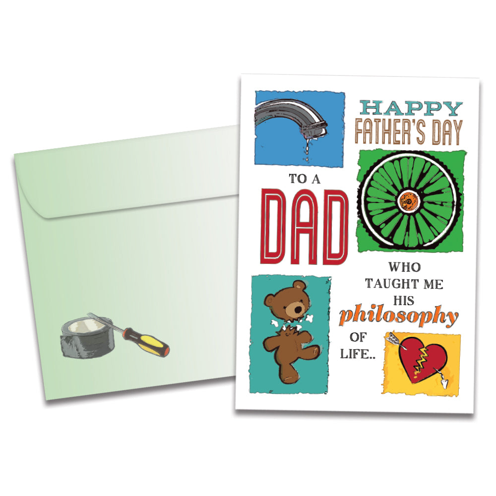 The cover of Tree-Free's Mr Fix It Father's Day Card card, along with its matching envelope.