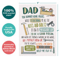 Load image into Gallery viewer, The cover of Tree-Free’s Dad&#39;s Tools card with lines demonstrating its 5x7 dimensions, along with the following text: “100% PCW recycled paper, proudly made in the USA, sustainably printed on extra-thick card stock”
