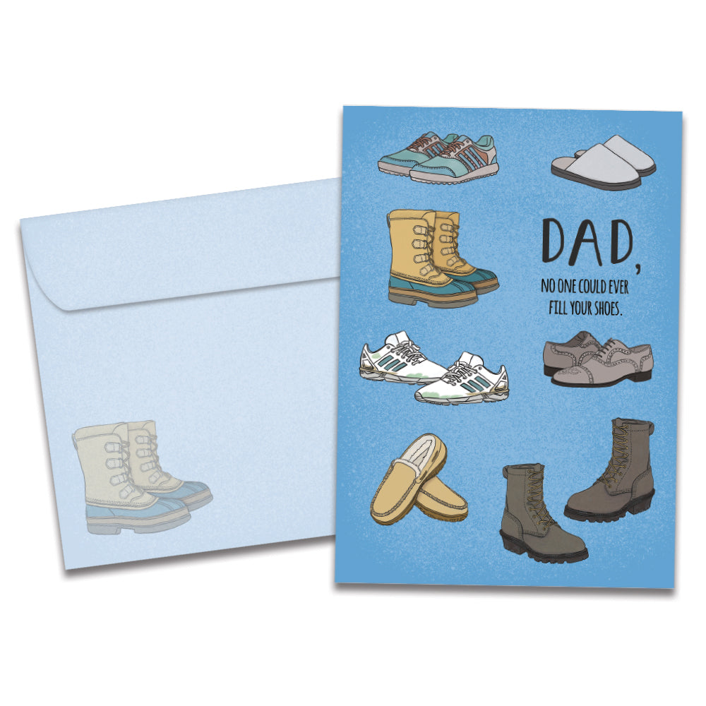 The cover of Tree-Free's Fill Your Shoes Father's Day Card card, along with its matching envelope.