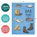 Load image into Gallery viewer, The cover of Tree-Free’s Fill Your Shoes Father&#39;s Day Card card with lines demonstrating its 5x7 dimensions, along with the following text: “100% PCW recycled paper, proudly made in the USA, sustainably printed on extra-thick card stock”
