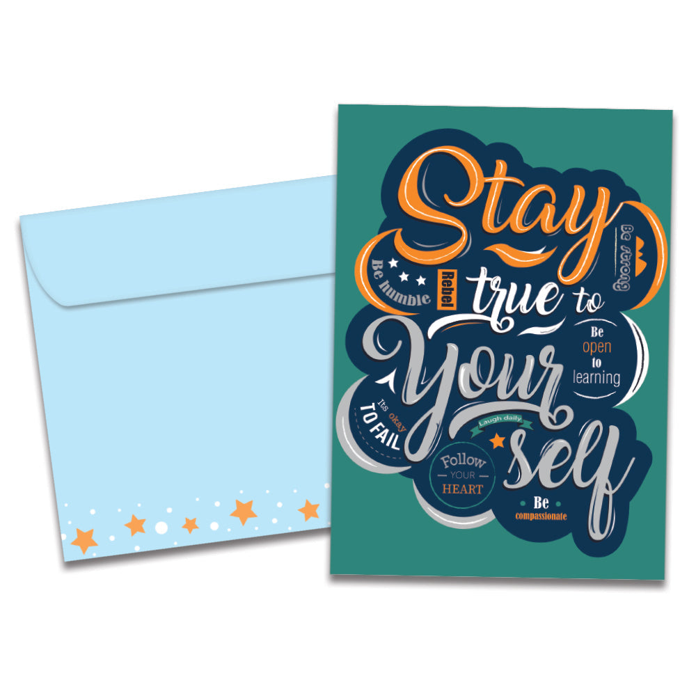 The cover of Tree-Free's Stay True card, along with its matching envelope.