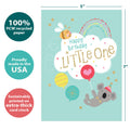 Load image into Gallery viewer, The cover of Tree-Free’s Cute Little One card with lines demonstrating its 5x7 dimensions, along with the following text: “100% PCW recycled paper, proudly made in the USA, sustainably printed on extra-thick card stock”
