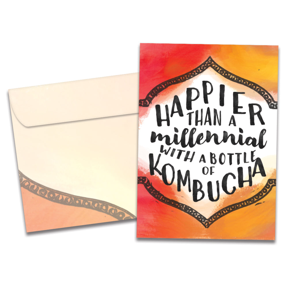 The cover of Tree-Free's Millennial With Kombucha card, along with its matching envelope.