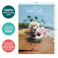 Load image into Gallery viewer, The cover of Tree-Free’s Hawaii Lei card with lines demonstrating its 5x7 dimensions, along with the following text: “100% PCW recycled paper, proudly made in the USA, sustainably printed on extra-thick card stock”
