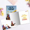 Load image into Gallery viewer, The inside of Tree-Free’s Keep On Cluckin&#39; card, with the cover and envelope in the background.
