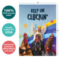 Load image into Gallery viewer, The cover of Tree-Free’s Keep On Cluckin&#39; card with lines demonstrating its 5x7 dimensions, along with the following text: “100% PCW recycled paper, proudly made in the USA, sustainably printed on extra-thick card stock”
