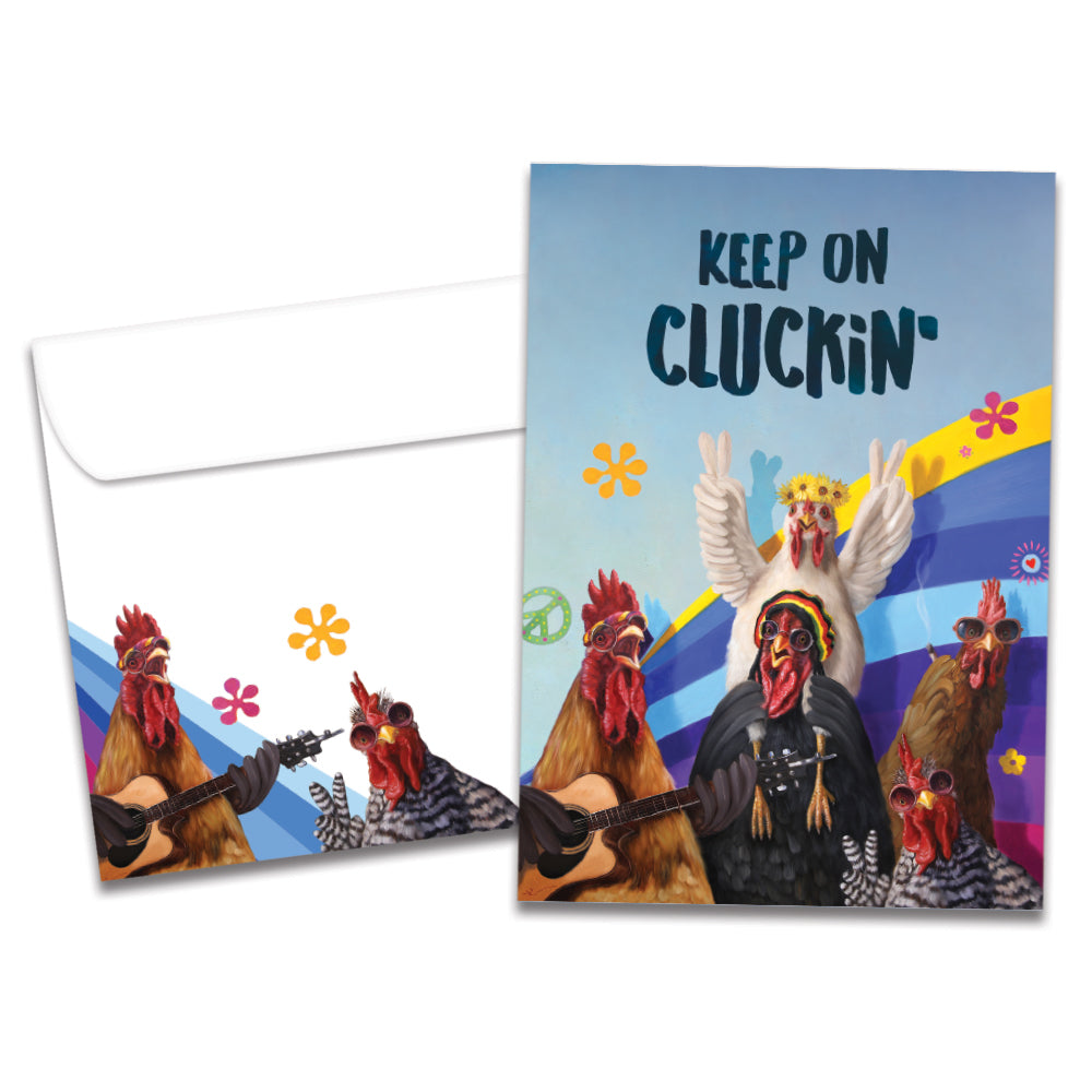 The cover of Tree-Free's Keep On Cluckin' card, along with its matching envelope.