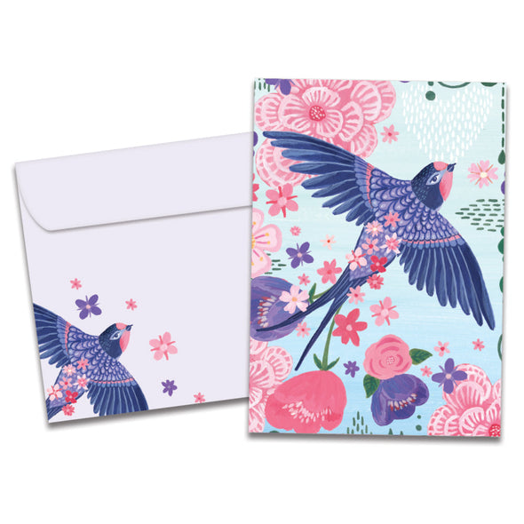 The cover of Tree-Free's Whimsical Bird card, along with its matching envelope.