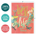 Load image into Gallery viewer, The cover of Tree-Free’s Best Moments card with lines demonstrating its 5x7 dimensions, along with the following text: “100% PCW recycled paper, proudly made in the USA, sustainably printed on extra-thick card stock”
