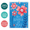 Load image into Gallery viewer, The cover of Tree-Free’s Beautiful With You card with lines demonstrating its 5x7 dimensions, along with the following text: “100% PCW recycled paper, proudly made in the USA, sustainably printed on extra-thick card stock”
