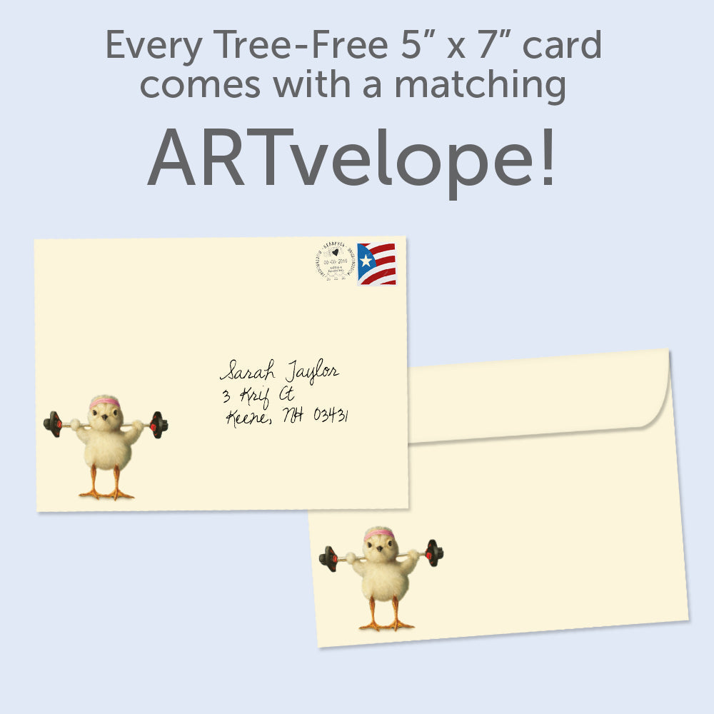 The envelope for Tree-Free’s Strength Chick card, along with the following text: “Every Tree-Free 5x7 card comes with a matching ARTvelope!”