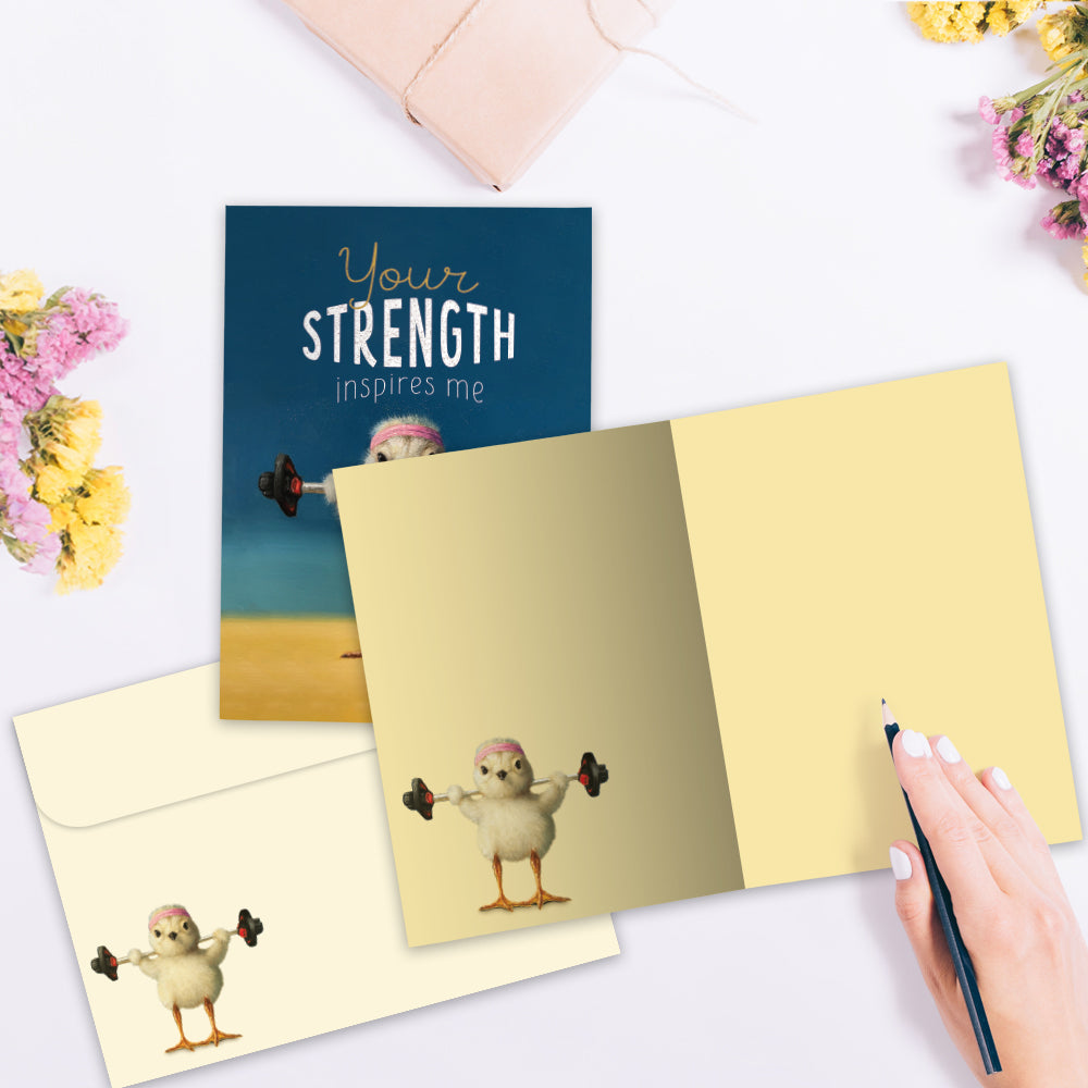 The inside of Tree-Free’s Strength Chick card, with the cover and envelope in the background.