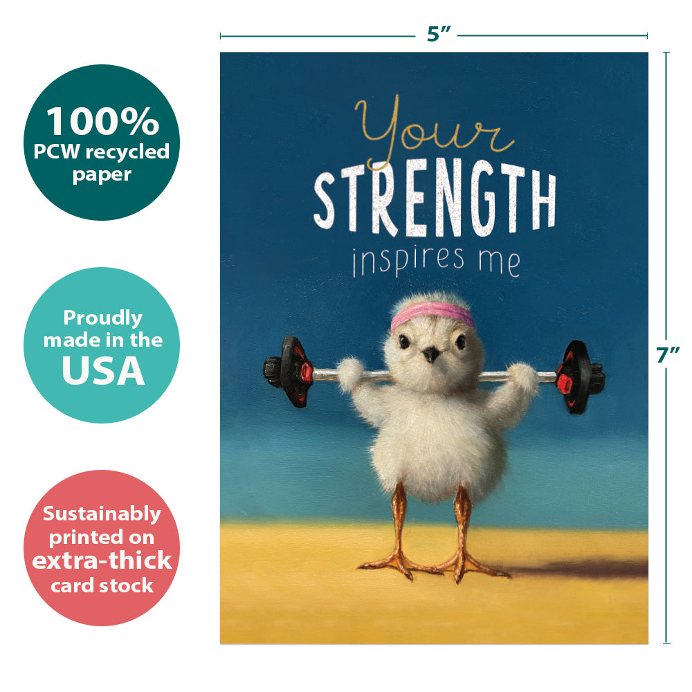 The cover of Tree-Free’s Strength Chick card with lines demonstrating its 5x7 dimensions, along with the following text: “100% PCW recycled paper, proudly made in the USA, sustainably printed on extra-thick card stock”