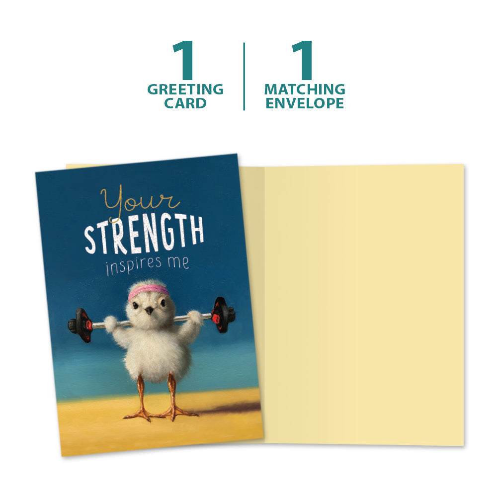 The cover and inside of Tree-Free’s Strength Chick card, along with the following text: “1 greeting card, 1 matching envelope”