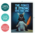 Load image into Gallery viewer, The cover of Tree-Free’s Force Is Strong card with lines demonstrating its 5x7 dimensions, along with the following text: “100% PCW recycled paper, proudly made in the USA, sustainably printed on extra-thick card stock”
