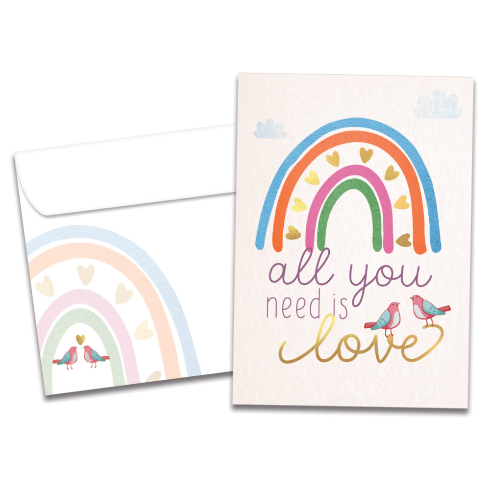 The cover of Tree-Free's Love Rainbow card, along with its matching envelope.