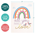 Load image into Gallery viewer, The cover of Tree-Free’s Love Rainbow card with lines demonstrating its 5x7 dimensions, along with the following text: “100% PCW recycled paper, proudly made in the USA, sustainably printed on extra-thick card stock”
